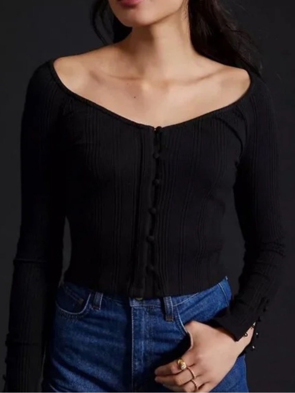 By Anthropologie V-Neck Cardigan Sweater Black Cropped Fitted Top Size Large
